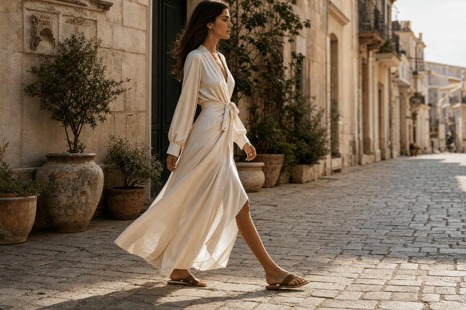 Woman in cream wrap dress walking on a quiet morning street
